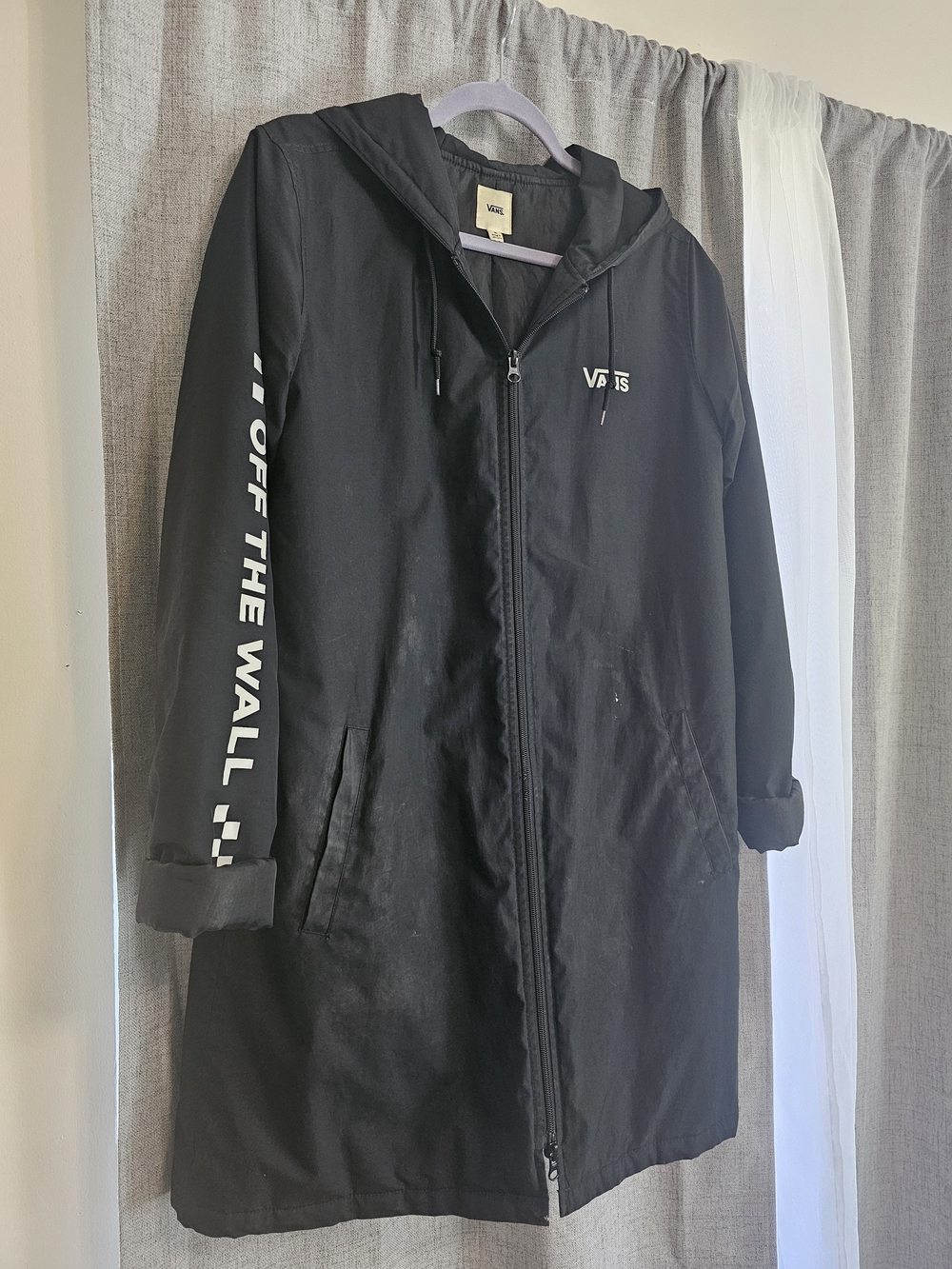 Vans Black Hooded Long Zip Raincoat with White Sleeve Logo